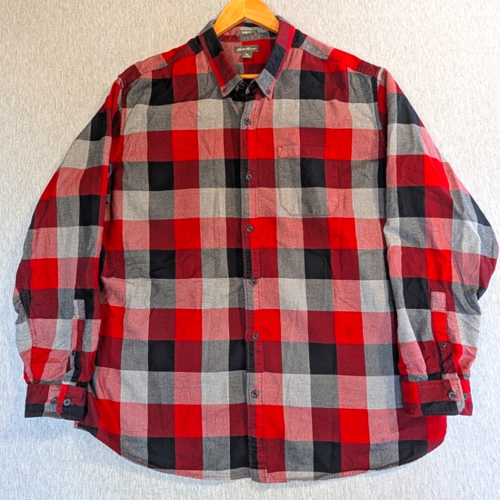 Eddie Bauer Buffalo Plaid Flannel Shirt Men's 2XL Red Gray Classic Fit Cotton